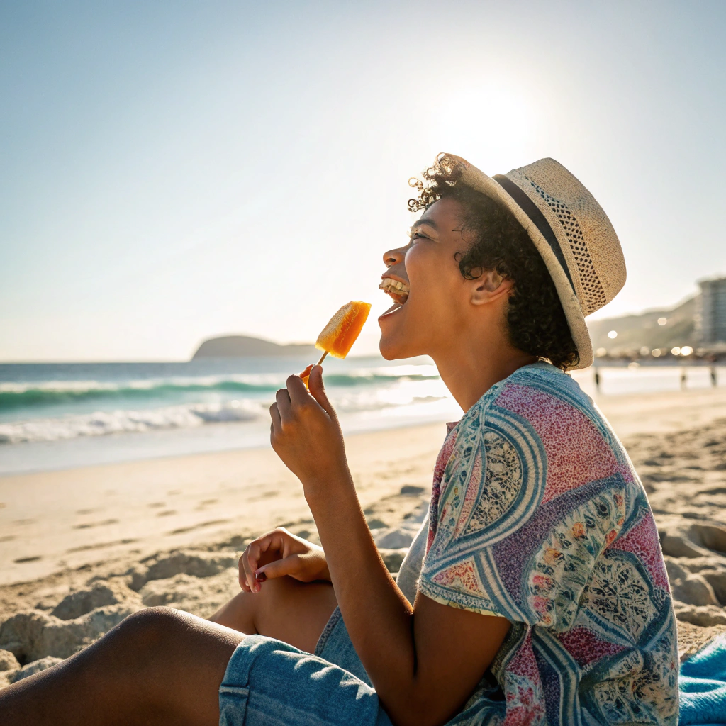 Happy customer enjoying a bright dragonfruit strawberry frozen bar in the afternoon sun