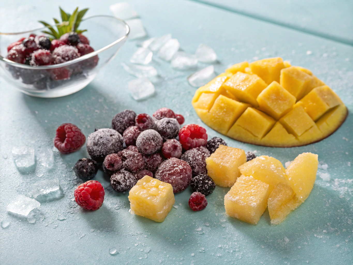 Fresh fruit icesicles with real mango, strawberry, and lime over crushed ice