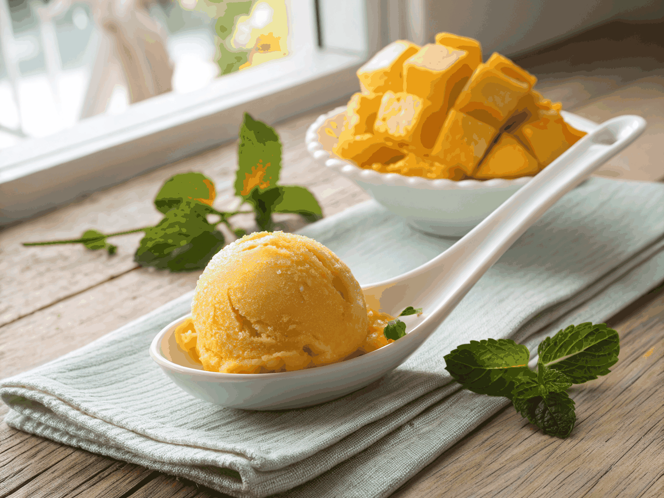 Fresh mango icesicle with frosty ice crystals and fruit fiber texture