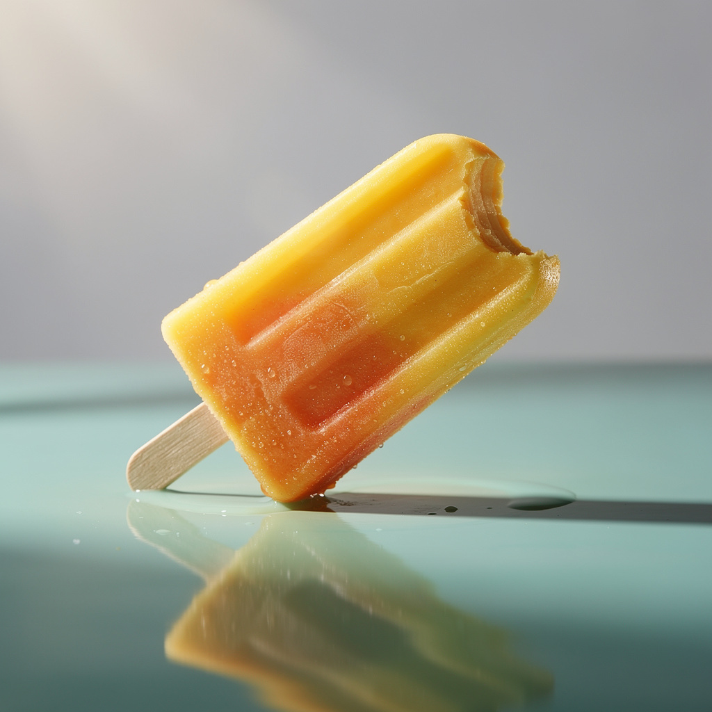 Chilled fresh mango icesicle held up against bright sunny Florida beach waves