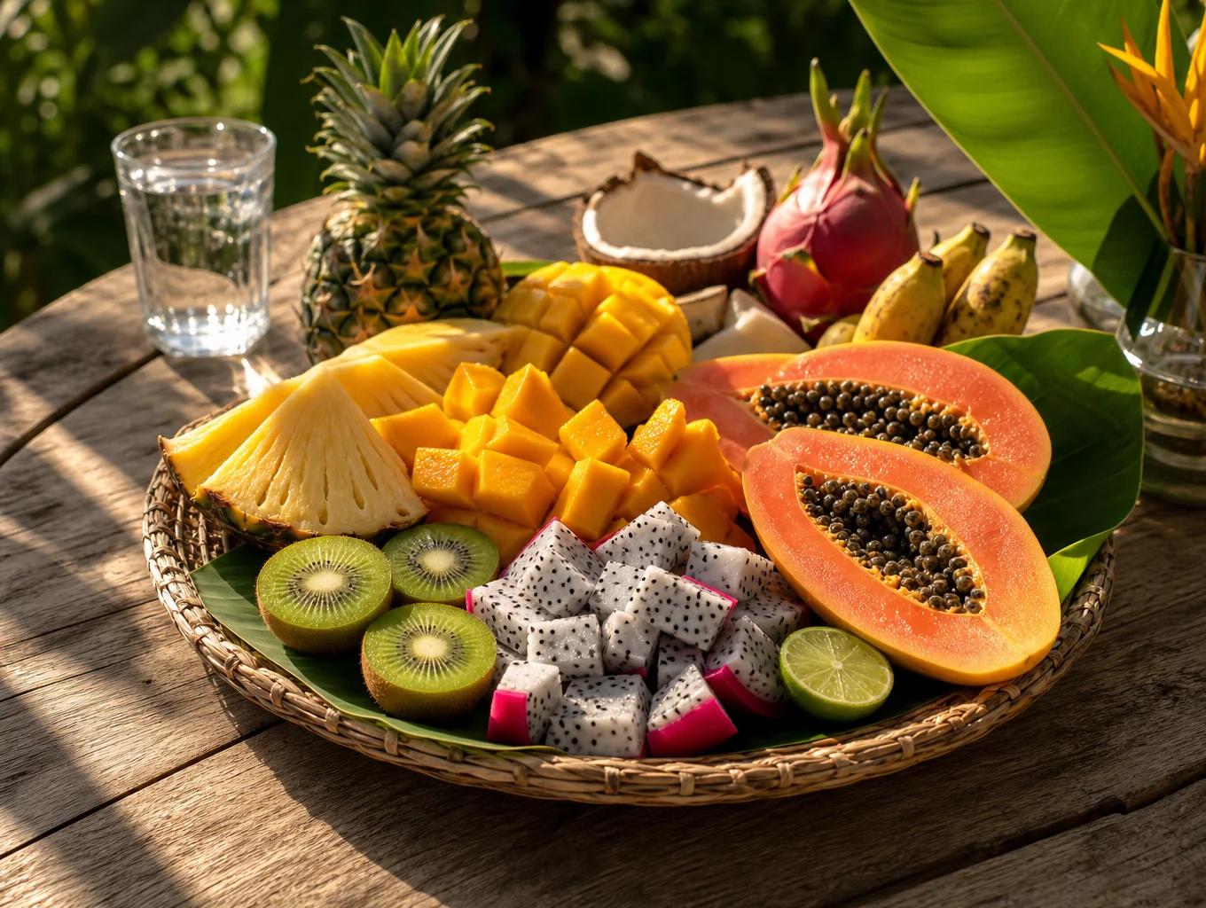 Panoramic spread of sliced Florida mangoes, strawberries, citrus, and dragonfruit