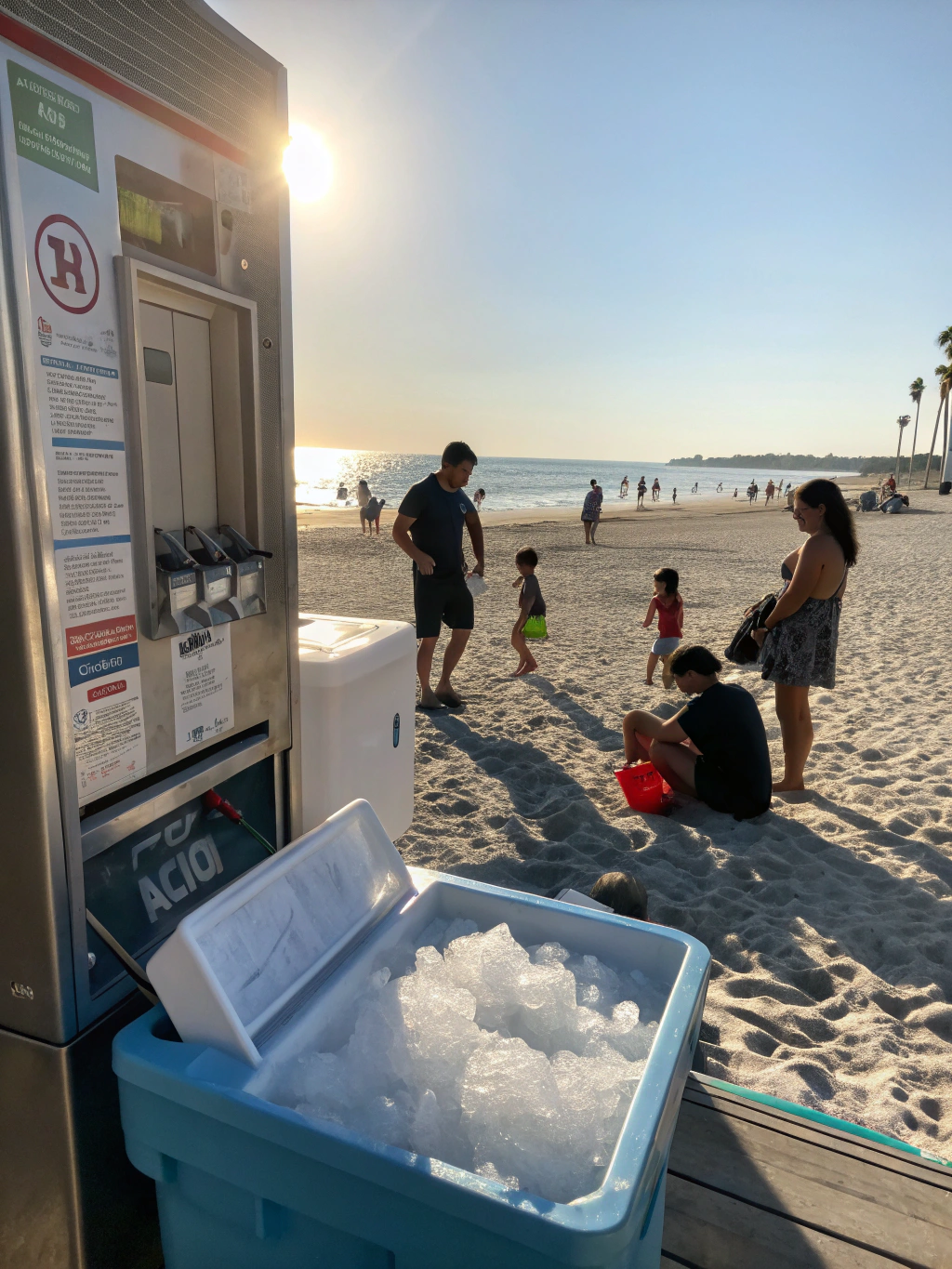 Ice Ice Baby Express smart vending machine located outdoors under Florida palm trees