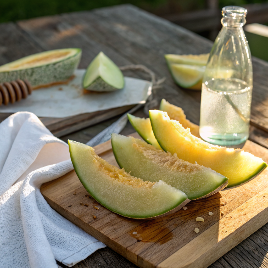 Kitchen prep table with whole ripe pineapples, limes, and watermelons sliced fresh