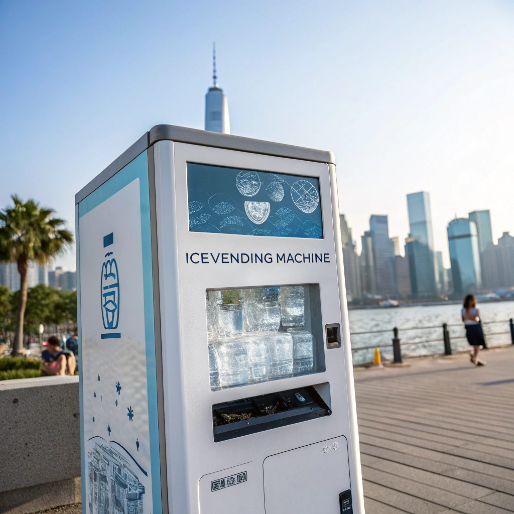 Modern touchscreen vending machine stocked with colorful fruit bars on a palm-lined plaza