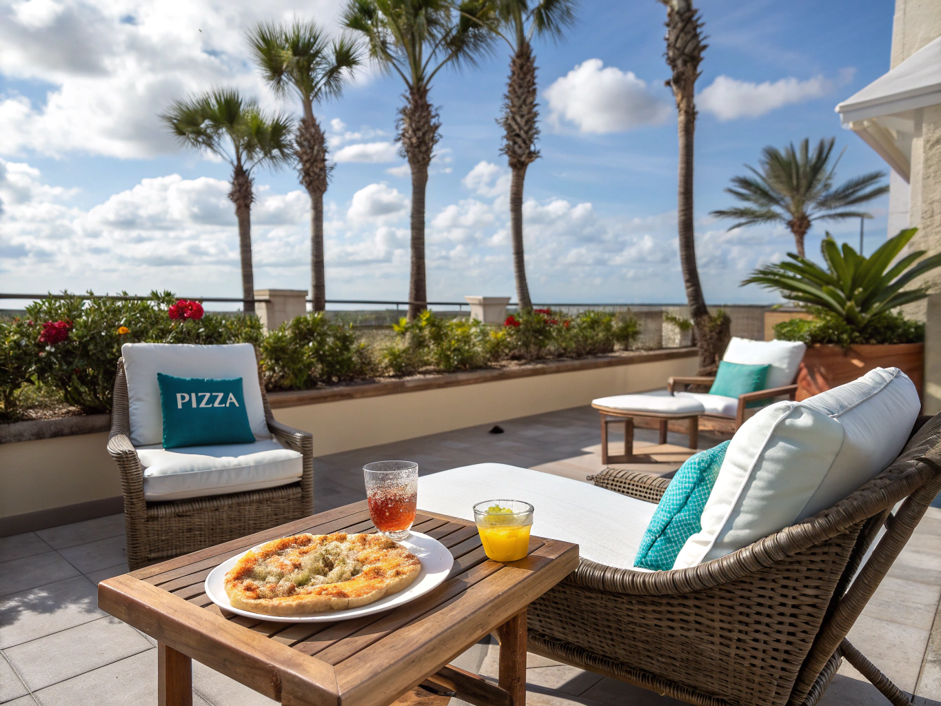 Elegant catered outdoor event table in Florida with colorful icesicles in ice buckets under palm shade